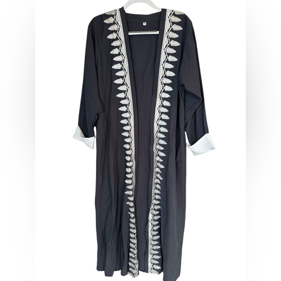 Embroidered Duster Kaftan Boho Western Festival Lagenlook 53” Charcoal - Picture 1 of 5